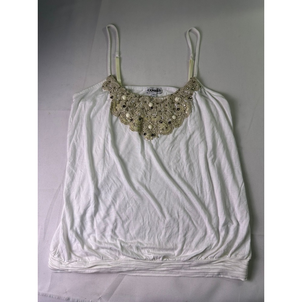 Express White Beaded Bib Cami‎ Tank Top Size S Y2K Boho Fairycore Rayon Sequin